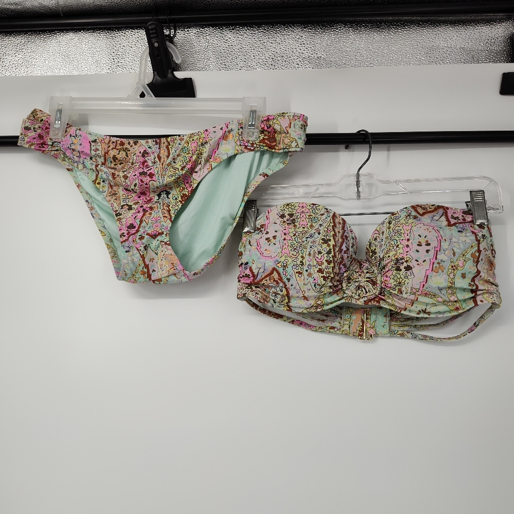 Victoria's Secret Light Mint and Pink Strapless Bikini Set Size Womans 36D/Large